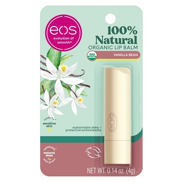 eos 100% Natural &amp; Organic Lip Balm Stick- Vanilla Bean   Dermatologist Recommended for Sensitive Skin   All-Day Moisture Lip Care Products   0.14 oz