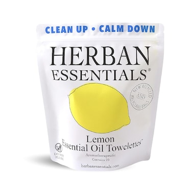 Herban Essentials Lemon Towelettes - Essential Oil Wipes for Hands, Face and Body - Moist Individually Wrapped Wipes - 20 Count