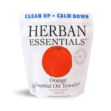 Herban Essentials Orange Towelettes - Essential Oil Wipes for Hands, Travel Face Wipes - Natural Hand Wipes, Moist Towelettes Individually Wrapped Body Wipes - 20 Count