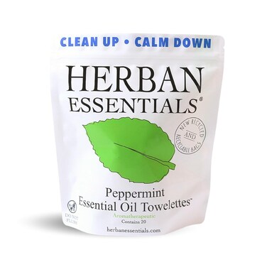 Herban Essentials Peppermint Towelettes - Essential Oil Wipes for Hands, Travel Face Wipes - Natural Hand Wipes, Moist Towelettes Individually Wrapped Body Wipes - 20 Count