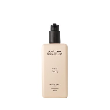 Routine   Cat Lady 350ml Natural Body Cream. Coconut, Pineapple, Vanilla &amp; Cocoa. Botanicals   No Synthetic Fragrance   Vegan   Clinically Tested   Hands   Body   Signature Scent