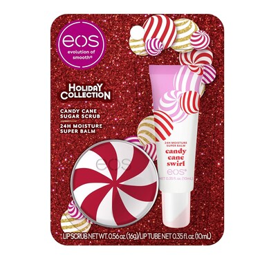 eos Holiday Lip Treatment Gift Set- Candy Cane Swirl Lip Scrub &amp; 24H Moisture Super Balm, Limited-Edition Lip Care, Stocking Stuffers, 2-Pack