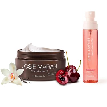 Josie Maran Argan Layering Kit - Whipped Argan Oil Body Butter + Prosperity Body Mist - Delivers an All Over Body Glow, Intense Hydration &amp; Absorbs Quickly - Vanilla Cherry (2 Piece Set)