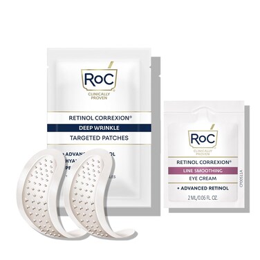 RoC Retinol Correxion Deep Wrinkle Non-Invasive Targeted Patches with Hyaluronic Acid + Firming Peptides for Forehead, 11 Lines, Crow&rsquo;s Feet and Laugh Lines, (6 Patches) with Retinol Eye Packette