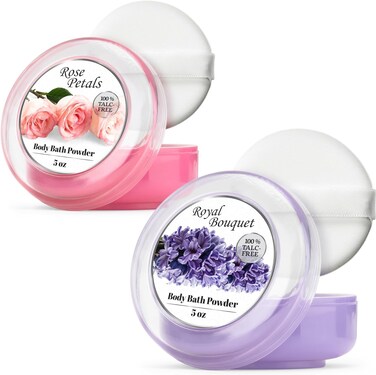 R-NEU 2 Pack Body Powder for Women with Powder Puff, 100% Talc-Free, Elegant Rose Petal &amp; Royal Bouquet Scented Dusting Powder, After Bath for Soft Skin, Extra Large, (2 Pack, 5 Oz Each)