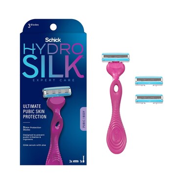 Schick Hydro Silk Ultimate Pubic Skin Protection, 1 Razor Handle with 3 Cartridges   Razors for Women Sensitive Skin, Pubic Hair Razor for Women, Bikini Line Razor, 1 Handle with 3 Razor Refills