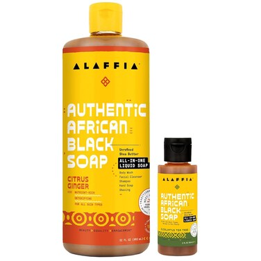 Alaffia Authentic African Black Soap Variety 2-Pack &ndash; All-In-One Liquid Soap, Travel-Size Eucalyptus Tea Tree + Full-Size Citrus Ginger Body Wash, Face Wash, Shampoo, Shaving Soap