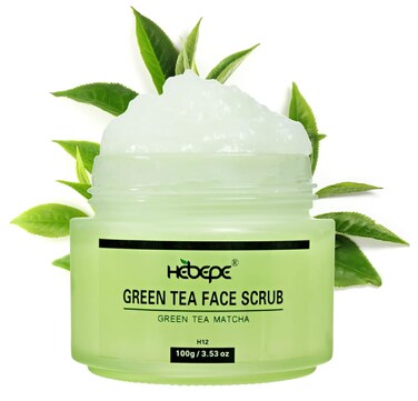 Green Tea Matcha Face Scrub, Gentle Exfoliating Cleanser with Hyaluronic Acid, Collagen, Vitamin C &amp; E, Apricot, and Shea Butter, Hydrating and Nourishing Facial Exfoliator for Blackhead Removal