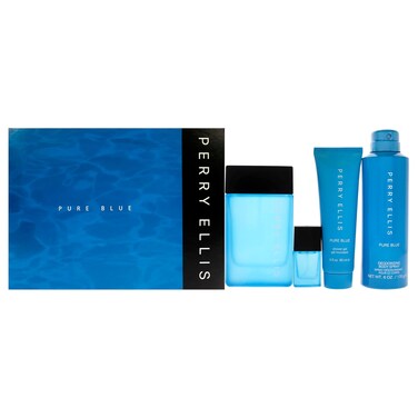Perry Ellis Perry Ellis Pure Blue 3.4oz EDT Spray, 3oz Shower Gel, 6oz Deodorant Body Spray, 7.5ml Travel EDT Spray Men 4 Pc Gift Set