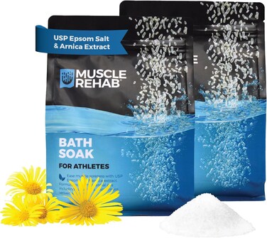 Arnica Infused USP Epsom Salts for Soaking for Pain- (2) 29oz Bags Muscle Recovery Magnesium Bath Soak with Essential Oils, and Turmeric - Ease Tired Muscle &amp; Joint Soother, Foot Baths