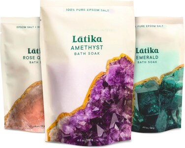Latika Geode-Inspired Bath Soak Set of 3 - Amethyst, Rose Quartz &amp; Emerald with Essential Oils &amp; Epsom Salt - Sandalwood, Lavender, Sage &amp; Eucalyptus for Stress Relief, Muscle Recovery &amp; Skin Care