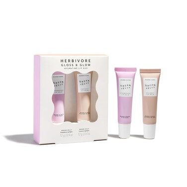 HERBIVORE Gloss &amp; Glow Hydrating Lip Duo   Includes Dream Jelly Strawberry and Coconut Lip Balms - Plant-based, Vegan, Cruelty-Free