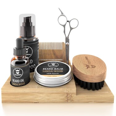 Striking Viking Beard Grooming Kit for Men with Shampoo, Oil, Balm, Brush, Wooden Comb, Mustache Scissors - 7-Piece Sandalwood Caddy for Beard Growth