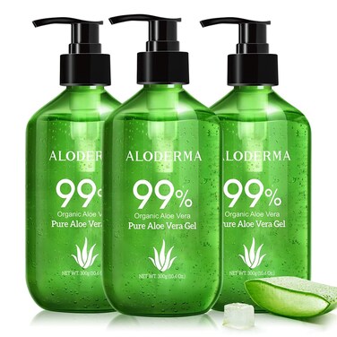 Aloderma 99% Organic Aloe Vera Gel Made within 12 Hours of Harvest - Pump Bottle - Lightweight Aloe Gel for Face and Body, Soothing and Hydrating Sunburn Relief, Great for Scalp &amp; Hair, 3btls x 10.6oz