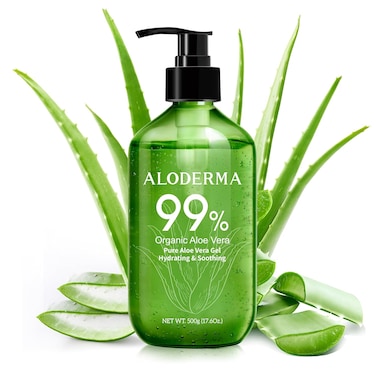 Aloderma 99% Organic Pure Aloe Vera Gel Made within 12 Hours of Harvest, Large 17.6oz Pump Bottle, Lightweight Non-Sticky Aloe Gel for Sunburn Relief, Natural, Soothing Aloe Vera for Face &amp; Hair