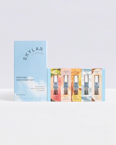 Skylar Eau de Parfum Discovery Spray Sampler Gift Set - Hypoallergenic &amp; Clean Perfume for Women &amp; Men- Peach Fields- Vanilla Sky, Lime Sands, Salt Air, Coconut Cove - 5 1.5mL Spray Bottles