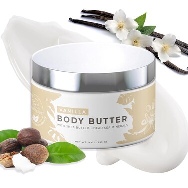 Natural Elephant Body Butter with Shea Butter, Dead Sea Minerals &amp; Vitamin E - Luxurious Moisturizer, Hydrating Cream, Cruelty-Free, Paraben-Free, 9 oz (Vanilla)