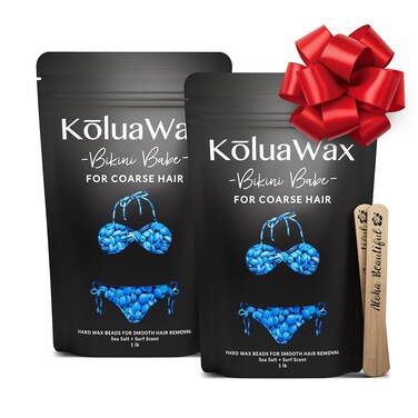 KoluaWax Hard Wax Beads for Hair Removal &ndash; Coarse Hair Formula &ndash; Face, Brazilian, Underarms, Back Chest, Bikini Waxing &ndash; Sea Salt &amp; Surf, 1lb Refill for Wax Warmers &amp; 10 Large Applicator Sticks 2 Pack