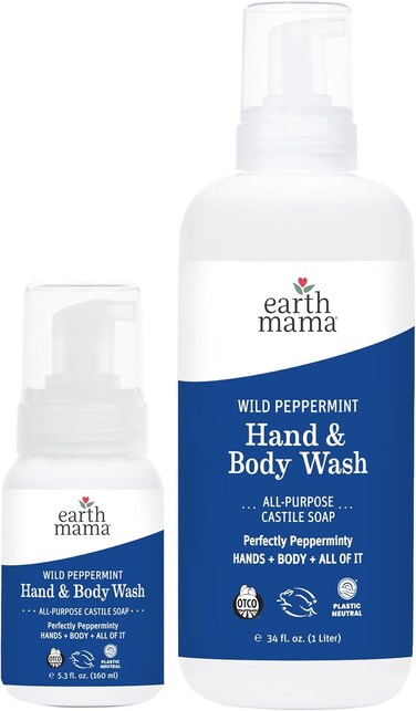 Earth Mama Wild Peppermint Hand &amp; Body Wash Refill   Foaming Castile Soap Liquid and Hand Soap, Made with Organic Wild Mint &amp; Peppermint Oil, 5.3floz &amp; Liter Refill