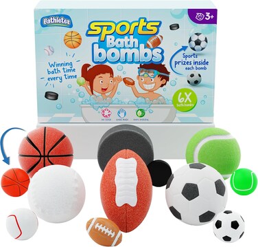 6pc Sporty Kids Bath Bombs with Surprise Inside - Girls &amp; Boys Bath Toys w/ 6 Sports Prizes - Perfect for Birthdays, Holidays -Toddlers 3+