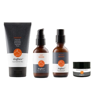 Dogface Men's Complete Combo- Wakeup Gel Daily Face Wash to Exfoliate, Hydrate &amp; Tone Skin, Day Boom Moisturizer, Night Boost Night Cream Retinol Serum, Eye Cream