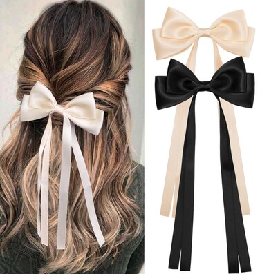 Large Double Bow Ribbon Hair Clips for Women and Girls, 2 Pcs Pack, Black White Coquette Barette Hair Clip Accessories