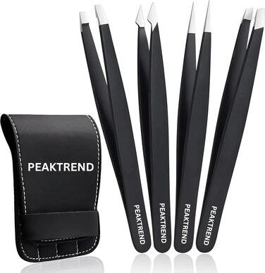 4-Piece Tweezers Set, High Precision Stainless Steel Eyebrow Tweezers for Facial Hair, Inward Growing Hair and Splinter Remover Kit, Suitable for Women and Men with Leather Travel Case