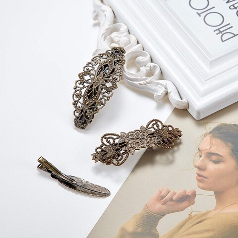 WILLBOND 6 Pieces Vintage Hair Barrettes for Women Retro French Flower Hair Clips Metal Bronze Floral Feather Barrettes Pins for Women Styling Accessories