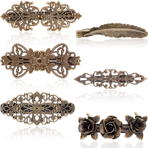 WILLBOND 6 Pieces Vintage Hair Barrettes for Women Retro French Flower Hair Clips Metal Bronze Floral Feather Barrettes Pins for Women Styling Accessories