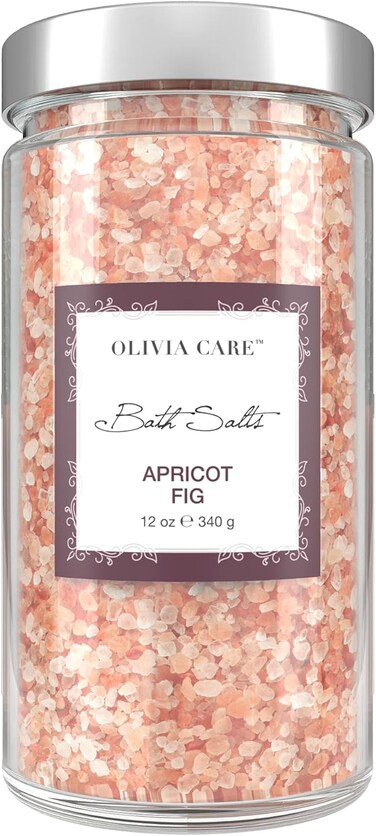 Olivia Care Pink Himalayan Bath Salts with Apricot Fig - Relieves &amp; Relax Muscles. Exfoliate, Heal, Rejuvenate, Cleansing &amp; Soothes Skin   Made with Natural Ingredients. Fresh Fragrance - 12 OZ