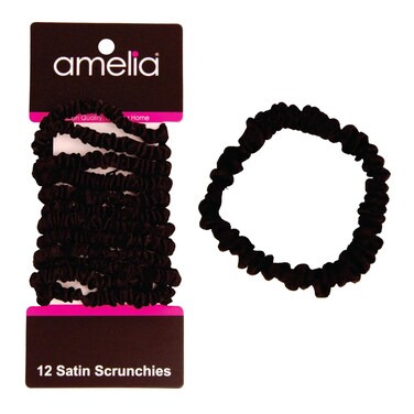 Amelia Beauty, Black, Skinny Satin Scrunchies, 12 Pack &ndash; 2in Diameter, Gentle &amp; Strong Hold, No-Snag, No-Dent, Crease-Free Hair Ties