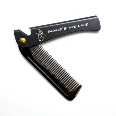 Badass Beard Care 2-IN-1 Folding Ox Horn Comb with Stainless Steel Body and Genuine Leather Protective Case