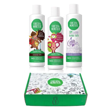 Fresh Monster Kids and Baby Bath Gift Set: Coloring Box, Natural Shampoo &amp; Conditioner, Body Wash, and Bubble Bath (8.5 oz Each)