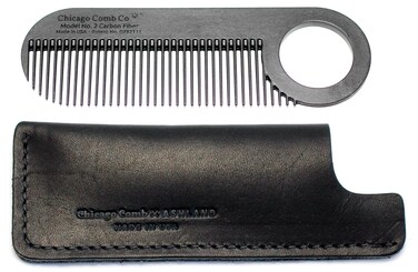Chicago Comb No. 2 Carbon Fiber + Black Horween leather sheath, Made in USA, Graphite Black comb + Dublin Black sheath