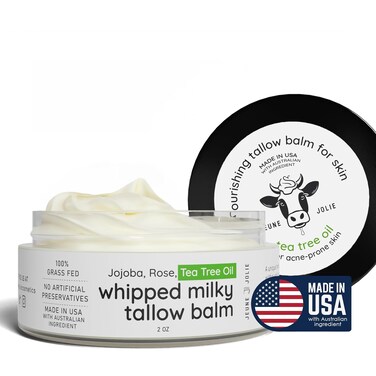 Whipped Milky Beef Tallow For Skin &amp; Face   Made in USA   100% Grass-Fed with All-Natural Organic Oils, Dewy Finish Beef Tallow Balm Moisturizer - For Sensitive Acne-Prone Skin, Tea Tree 2oz