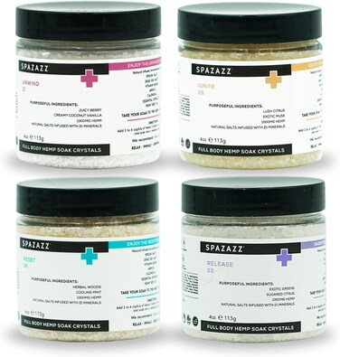 Spazazz Hot Tub Aromatherapy Full Body Hemp Soak Collection Sampler Pack - 4oz 1000 mg Hemp Spa Aromatherapy Hot Tub Bath Salt Crystals 4 Pack: Release 22, Reset 06, Unwind 17, Ignite 09