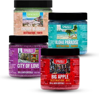 Spazazz Hot Tub Aromatherapy Destination Collection Bath Salt Crystals Four- 4oz Pack - Aloha Paradise, Big Apple, City of Love, Cherry Blossom - Bath Salts Perfect for Hot Tubs, Baths, and Foot Soaks