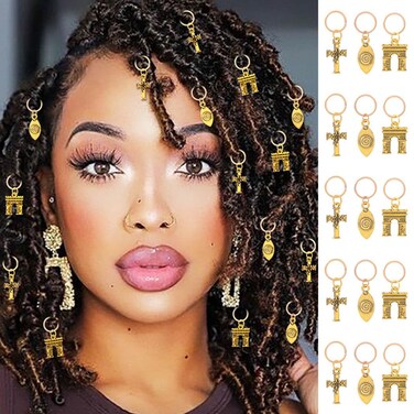 Formery Cross Loc Hair Jewelry Gold Evil Eye Braid Accessories Clips African Dreadlock Ring Charms for Black Women (Pack of 15)