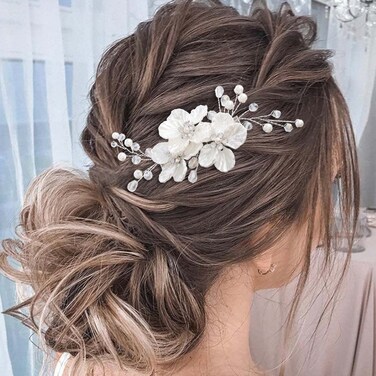 Jeairts Flower Wedding Hair Clips Silver Pearl Hair Pieces Crystal Headpiece Hair Barrette Floral Bridal Hair Accessories for Women and Girls