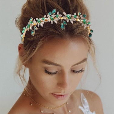 JEAIRTS Green Rhinestone Headband Gold Leaf Wedding Headpiece Bridal Crystal Beaded Hair Pieces Glitter Bride Hair Accessories for Women