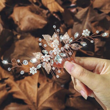 JEAIRTS Leaf Wedding Hair Comb Pearl Flower Bridal Hair Pieces Sparkly Rhinestone Hair Accessories for Women(3-Rose Gold)