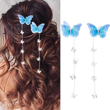 BARTOSI Blue Butterfly Hair Clips Silver Butterflies Hair Barrettes Cute Tassel Decorative Hair Accessories for Women and Girls (Pack of 2)