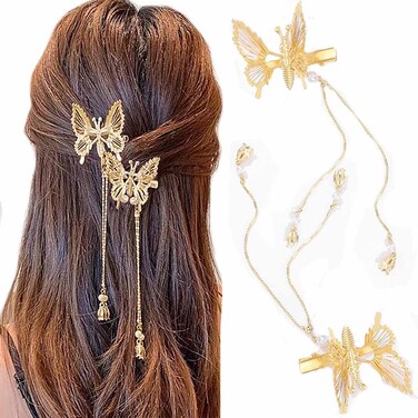 Bartosi Butterfly Clips Hair Gold Hair Barrettes Fluttering Tassel Hair Accessories Set for Women and Girls (Pack of 2)