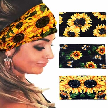 Gortin Boho Headbands Sunflower Wide Hair Bands Turban Head Wraps Stretch Yoga Head Band African Workout Head Scarf for Women and Girls Pack of 3 (Set 1)