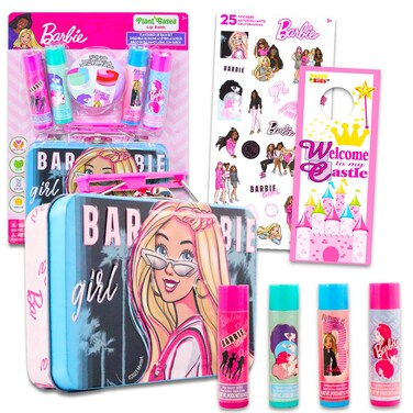 Barbie Lip Balm Set for Girls - Bundle with 4 Barbie Lip Balm Tubes Plus Stickers and More   Barbie Lip Balm Kit for Kids, Toddlers