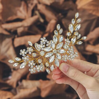 Unsutuo Crystal Bride Wedding Hair Comb Silver Rhinestone Flower Bridal Hair Pieces Pearl Wedding Hair Accessories for Women and Girls&hellip; (Gold)