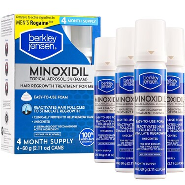 Berkley Jensen Men's Minoxidil Foam for Hair Loss and Hair Regrowth, 5% Minoxidil Topical Aerosol Thinning Hair Treatment for Men 4 -Month Supply, 2.11 Ounce, (Pack of 4)