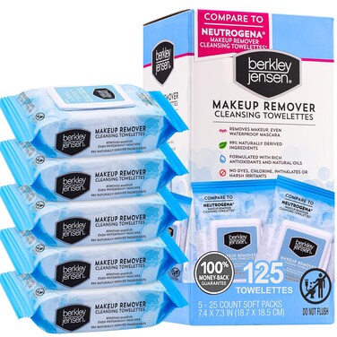 Berkley Jensen Makeup Remover Wipes,125 Cleansing Towelettes, Ultra-Soft Cleansing Facial Towelettes for Waterproof Makeup, Alcohol-Free, Plant-Based, Flip-Top Packs, 25 ct (Pack of 5)