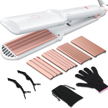 4 in 1 Hair Crimper, Straightener, and Curling Iron: Ceramic Flat Crimping Plates, Volumizing Tool with 15s Fast Heating (White)