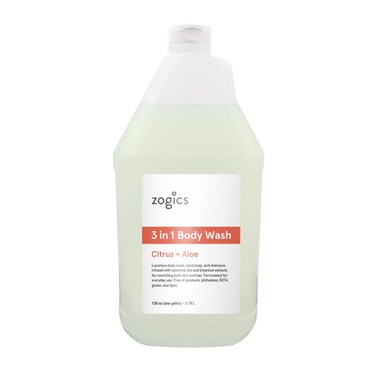 Zogics 3-in-1 Body Wash &ndash; Body Soap, Shampoo, and Hand Soap Liquid Refill All-in-One, Hydrating Plant-Based Formula, Refreshing Citrus + Aloe Scent (1 Gallon)